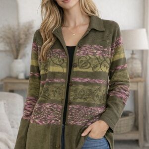 Koret 100% Wool Olive and Magenta Knit Cardigan Medium